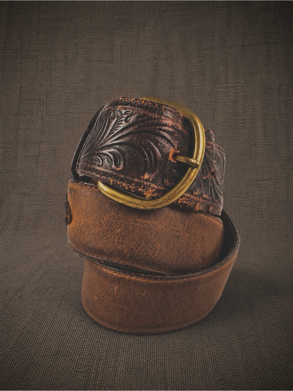 Vintage Tooled Leather Western Belt w/ Brass Buckle | Brown